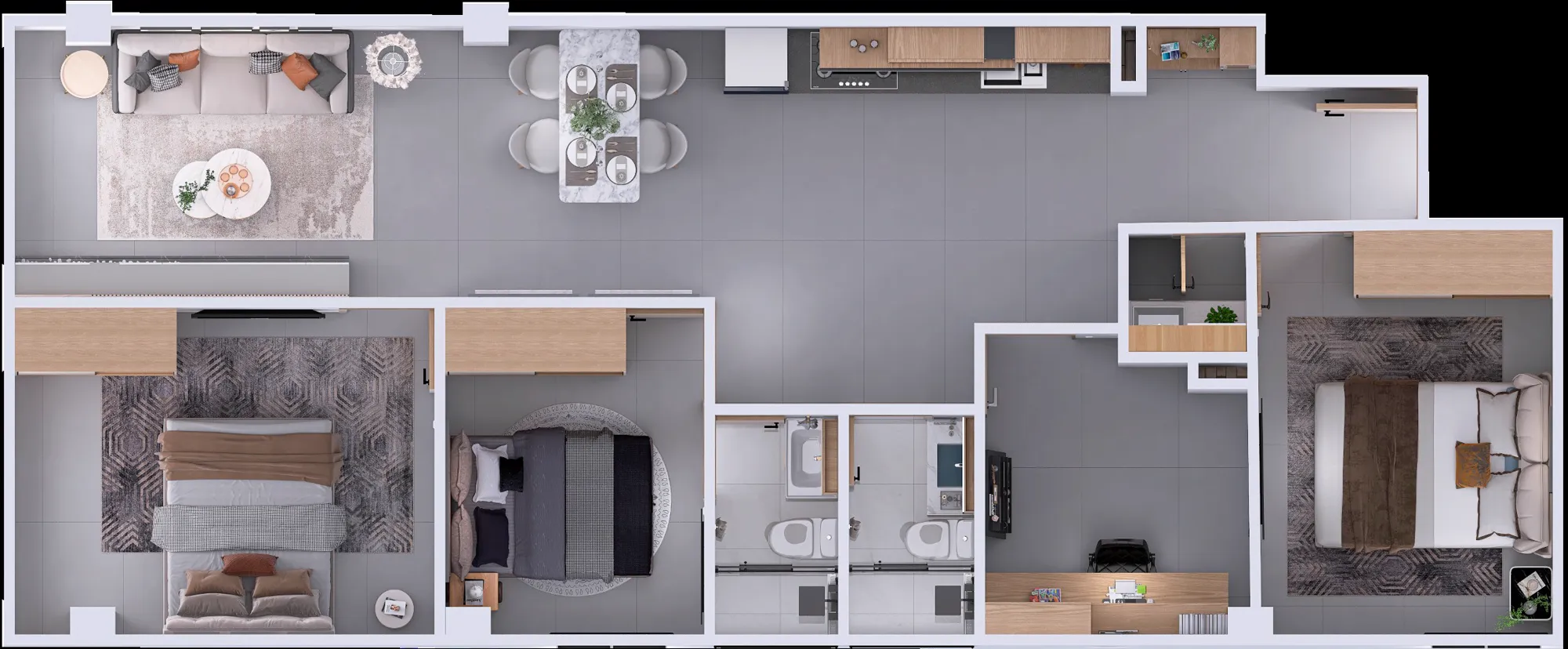 Plano en 3D del apartamento tipo 201 de Altos de Marsella, visto desde arriba con muebles: sala, comedor, cocina, tres habitaciones, dos baños y estudio