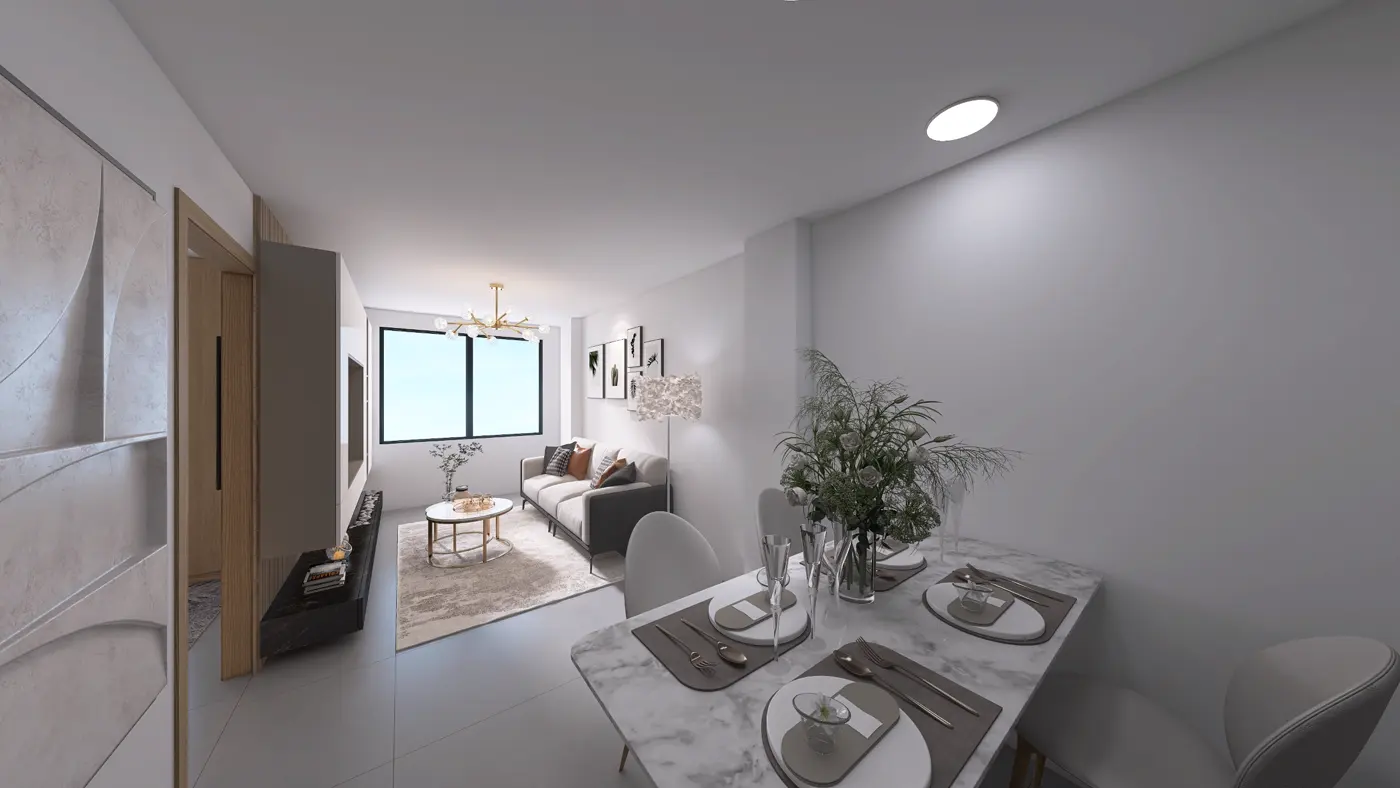 Vista 3D de la sala del apartamento tipo 201 de Altos de Marsella